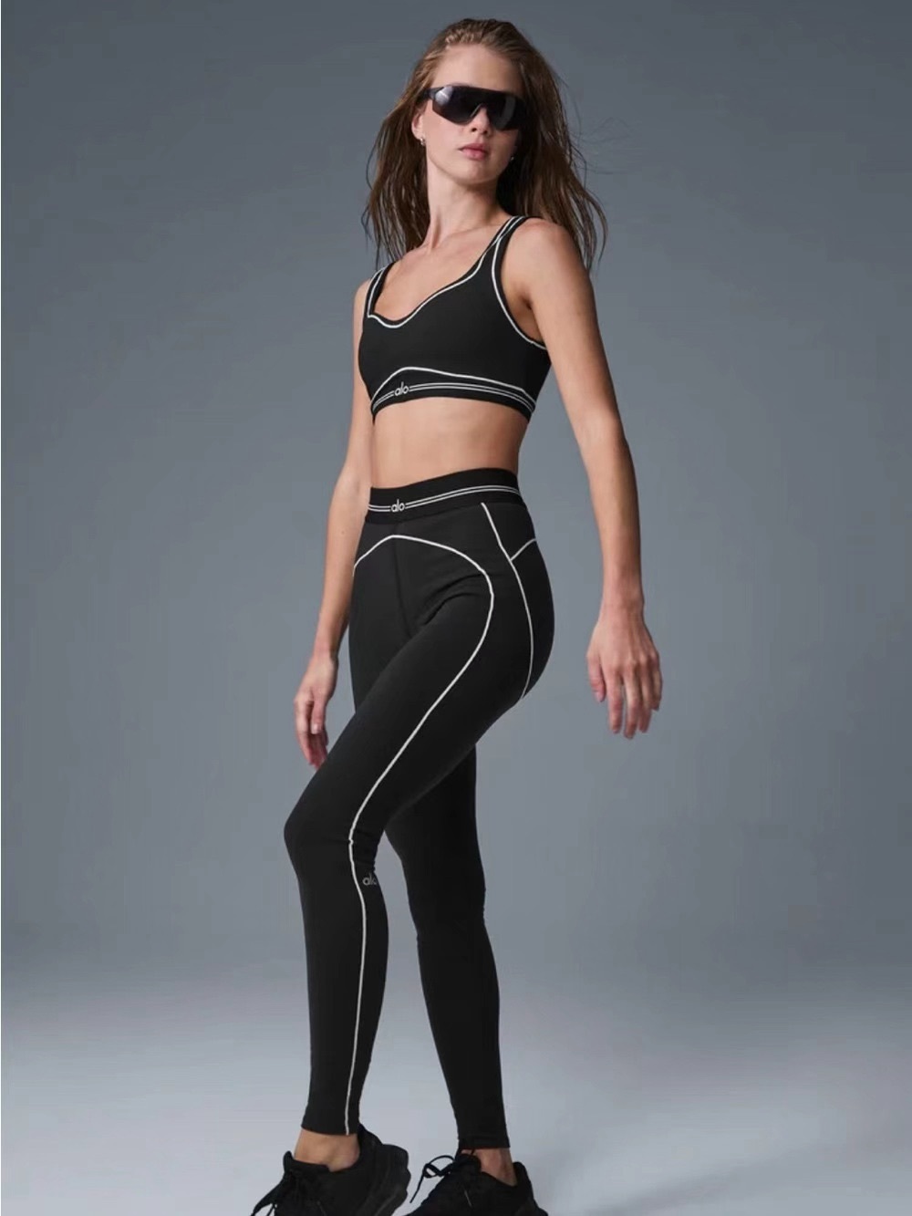 ALO Yoga Black Jumpsuit-Inspired Legging Set with White Contrast Stitch